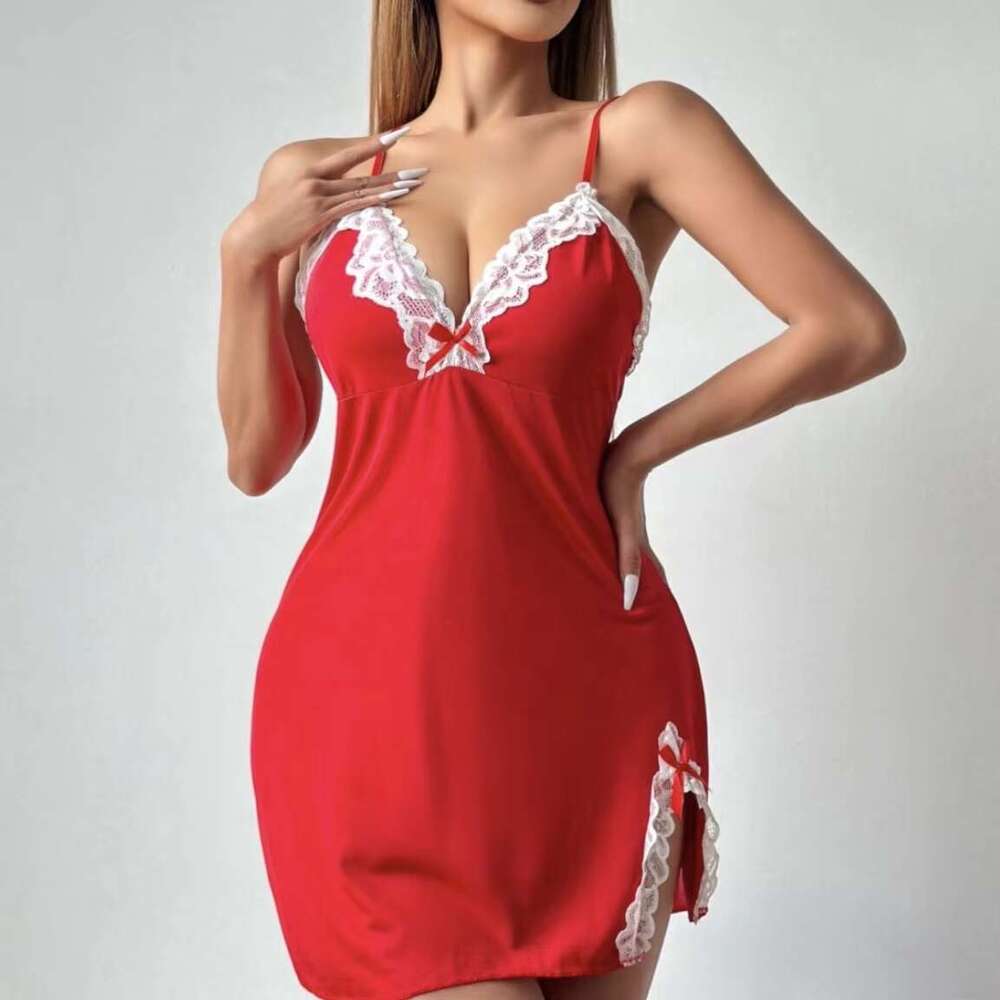 Women's Plus Size Sleepwear Sexy Underwear Lace Deep V Bow Side Slit Slim Sleep Skirts