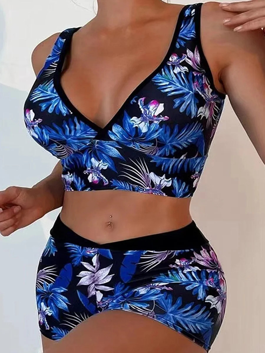 Print Vneck and waist boxing bikini 2024 swimsuit womens apron bathroom beachwear 250321