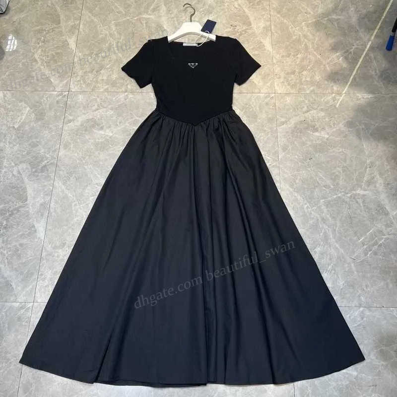 Luxury designer dress for women summer dress New Classic Square Neck Pleated Short Sleeve Dress High Waist A-line Skirt Black And white dress