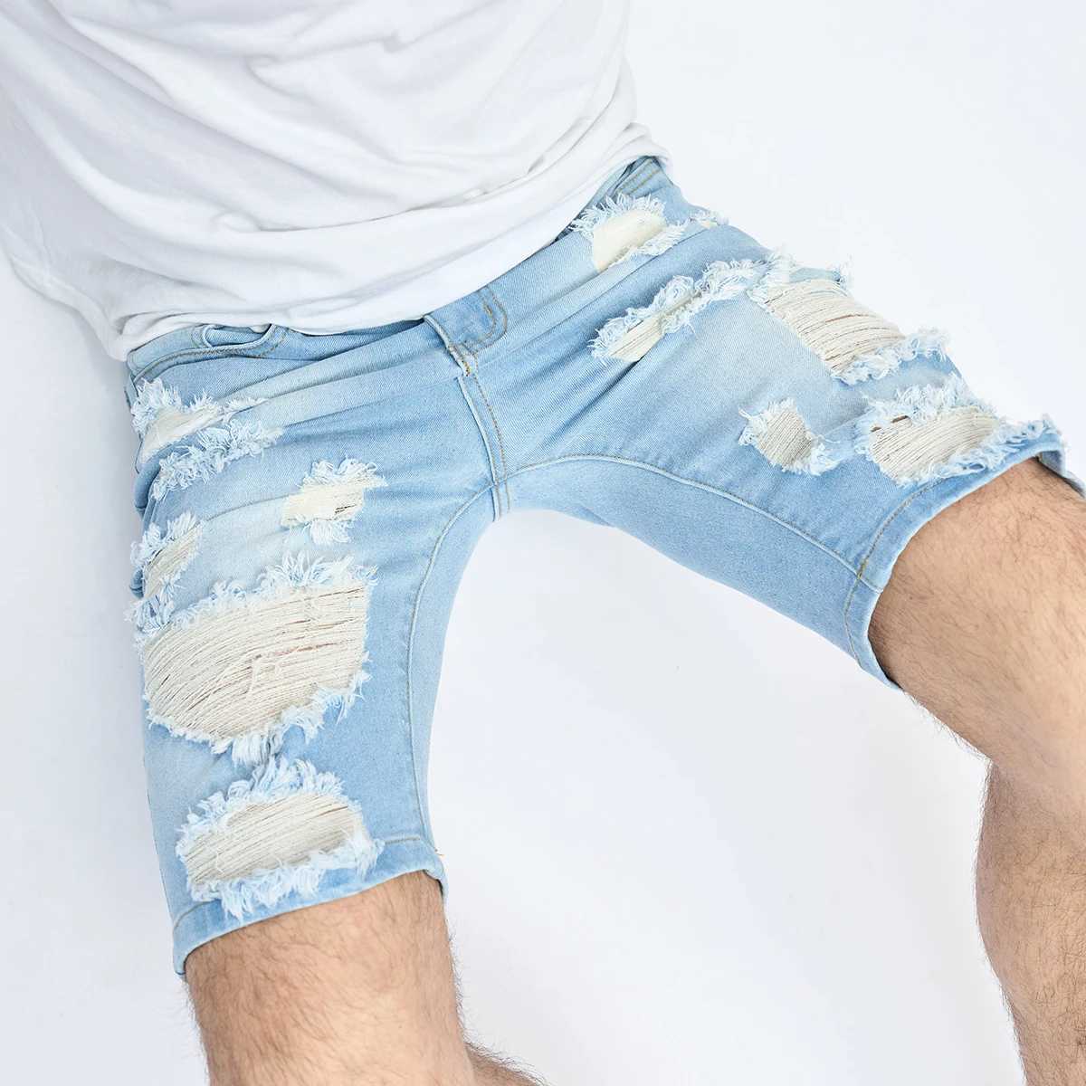 Summer Ripped Shorts Jeans Mens Hip-Hop Denim Pants Stretch Light Blue Fashion Slim Straight Male Denim Shorts T250603
