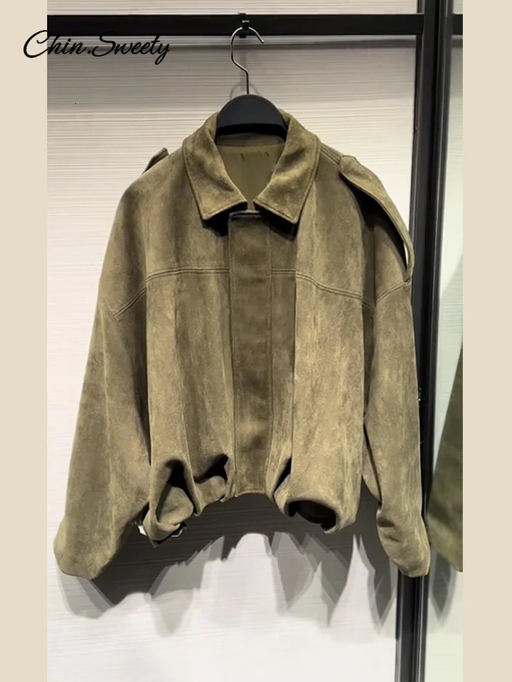 Brown Green Suede Jacket Women Lapel Zipper Long Sleeve Pockets Bomber Coat 2025 Spring Autumn Lady Loose Motorcycle Outwears 250325