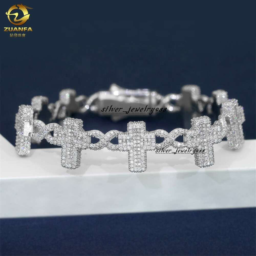 New Design 8Mm -16Mm Wide Pure Sier Chilled Hip-Hop Jewelry Vvs1 Silica Cuban Chain Cross Bracelet For Men