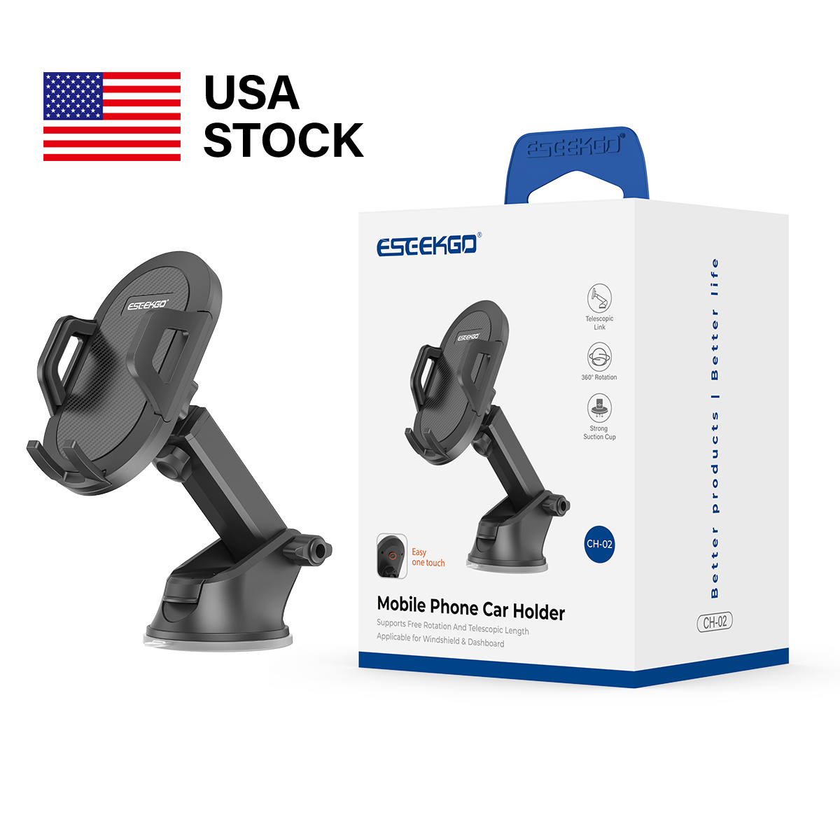 USA STOCK LOCAL ESEEKGO CH-02 Easy One Touch Car Holder Mobile Phone Car Mount Stand 360 Rotation for Universal Cellphones bracket with Box Ship in 2 
