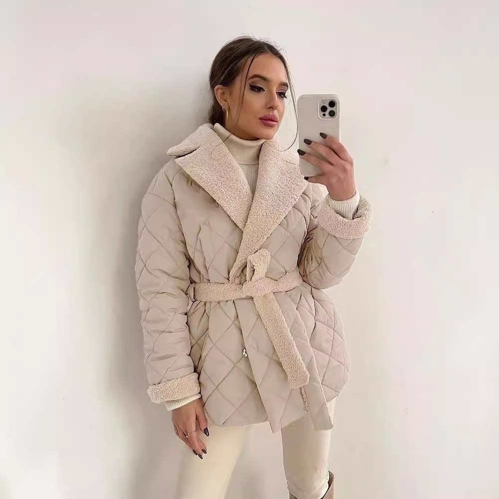 Collar Short Cotton Jacket 2024 Women's Fashion Versatile Design Waist Strap Coat for Women