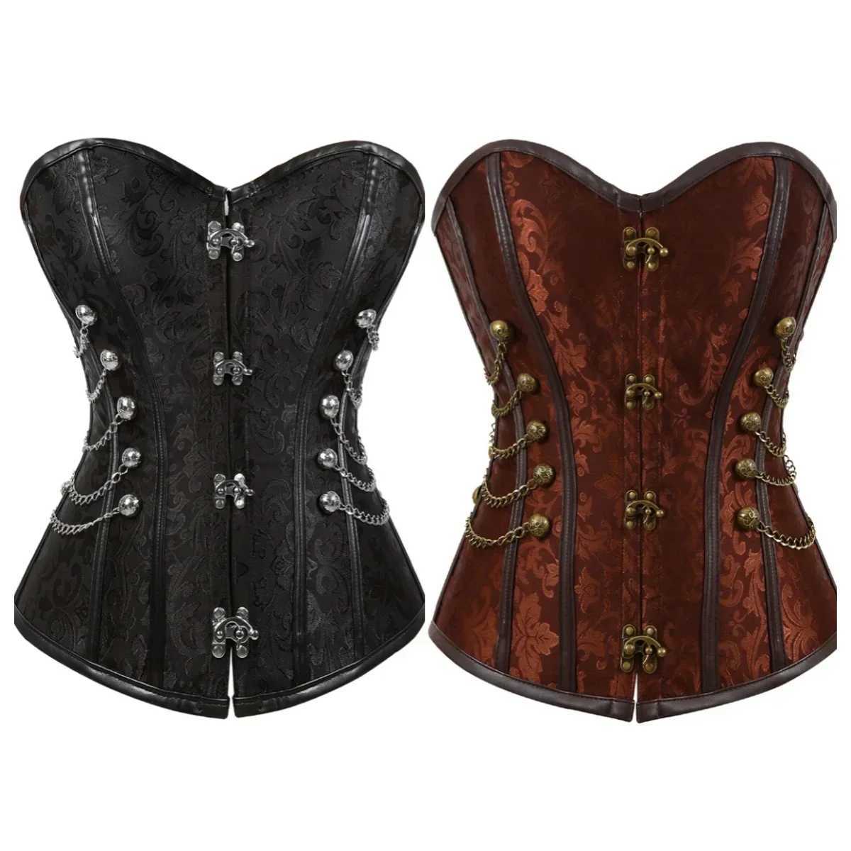Womens Corsair Corset Leather Gothic Corset Plus Size Steampunk Steel Skeleton Corset Chain Carnival Party Costume W250325