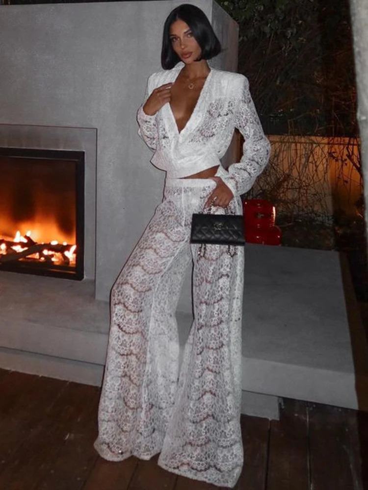 Mozision White Lace Two Piece Sets Women Deep V Neck Long Sleeve Tops And Long Pants Ladies See Through Loose Trousers Sets 250325