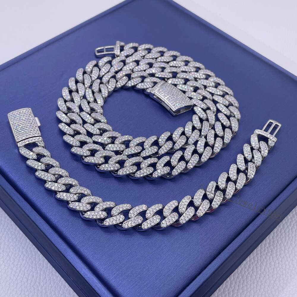 Trendy Jewelry 14mm Hiphop Chain S925 Two Rows Vvs Moissanite Diamond Iced Out Fashion Cuban Link Chain