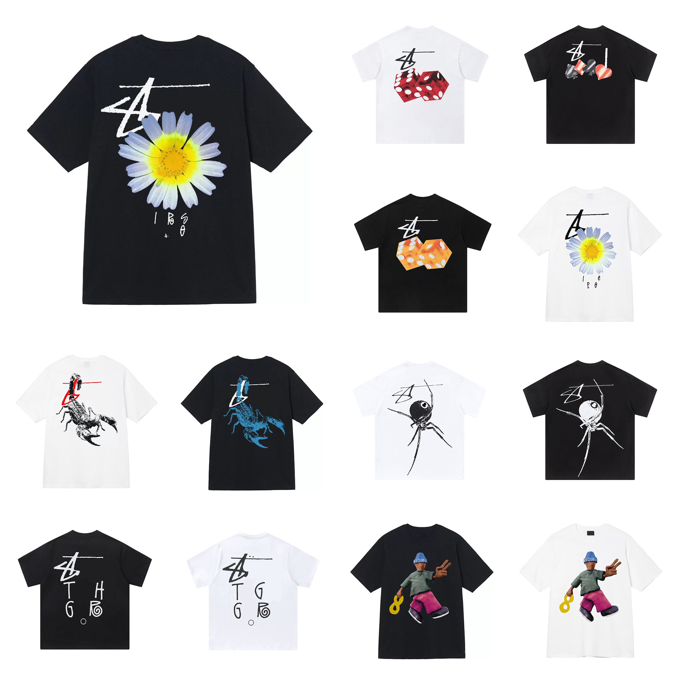 Summer men's and women's shirts graffiti letters hip-hop graphics men's designer pattern T-shirt black size 8 men's T-shirt cotton top sportswear stussyshirt size S-XL