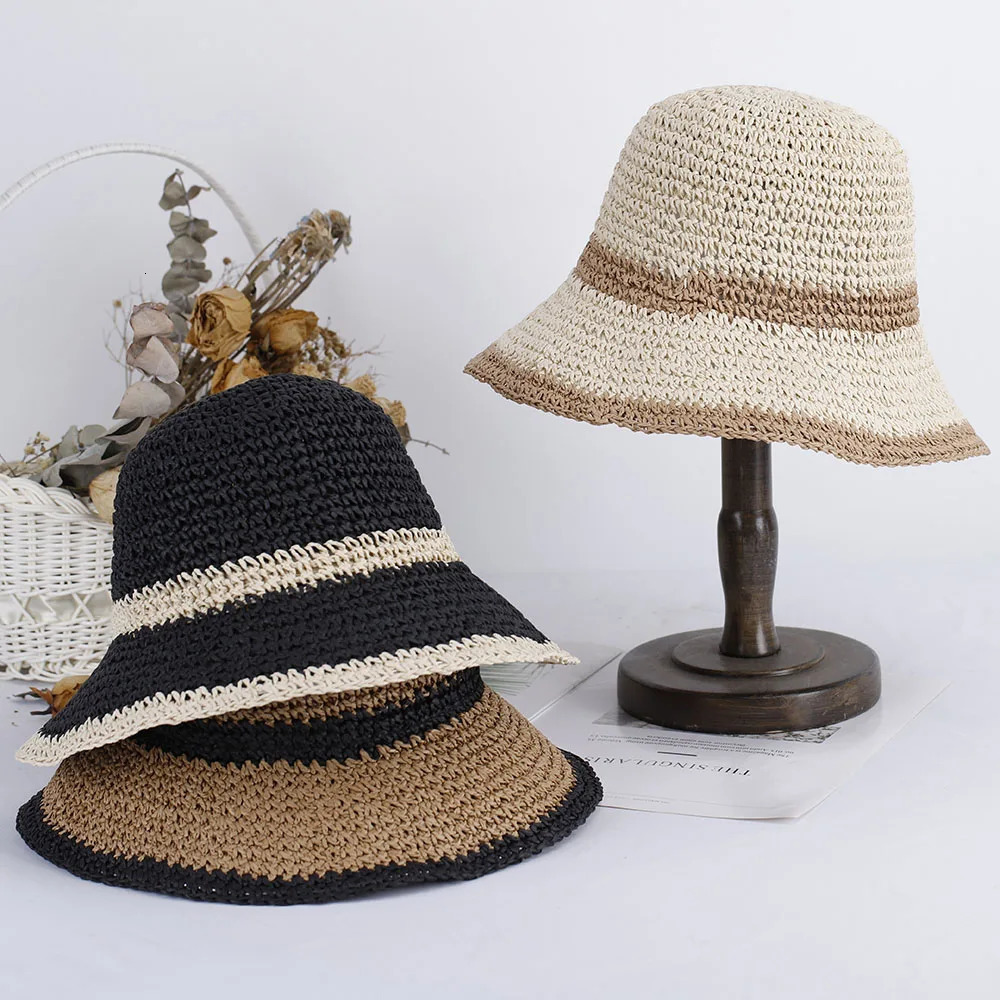 Girls Fashion Style Bucket Hat Multi Color Folding Sun Stripe Hat Used for Beach Travel and Vacation Handmade Straw Hat 250320