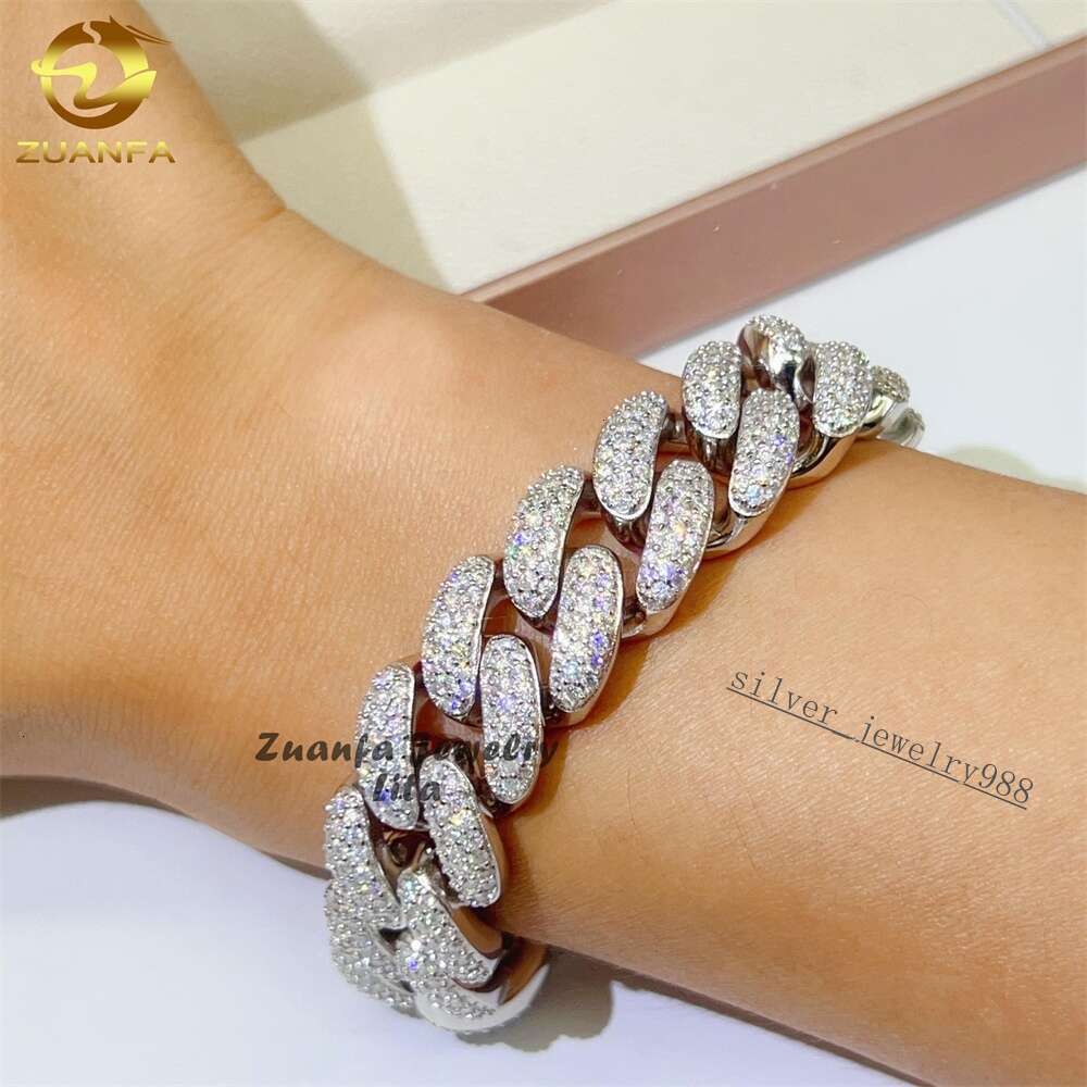 Hip Hop Rapper Silver 925 Mens Jewelry Iced Out Diamond 15mm 3 Rows Moissanite Cuban Link Chain Bracelet