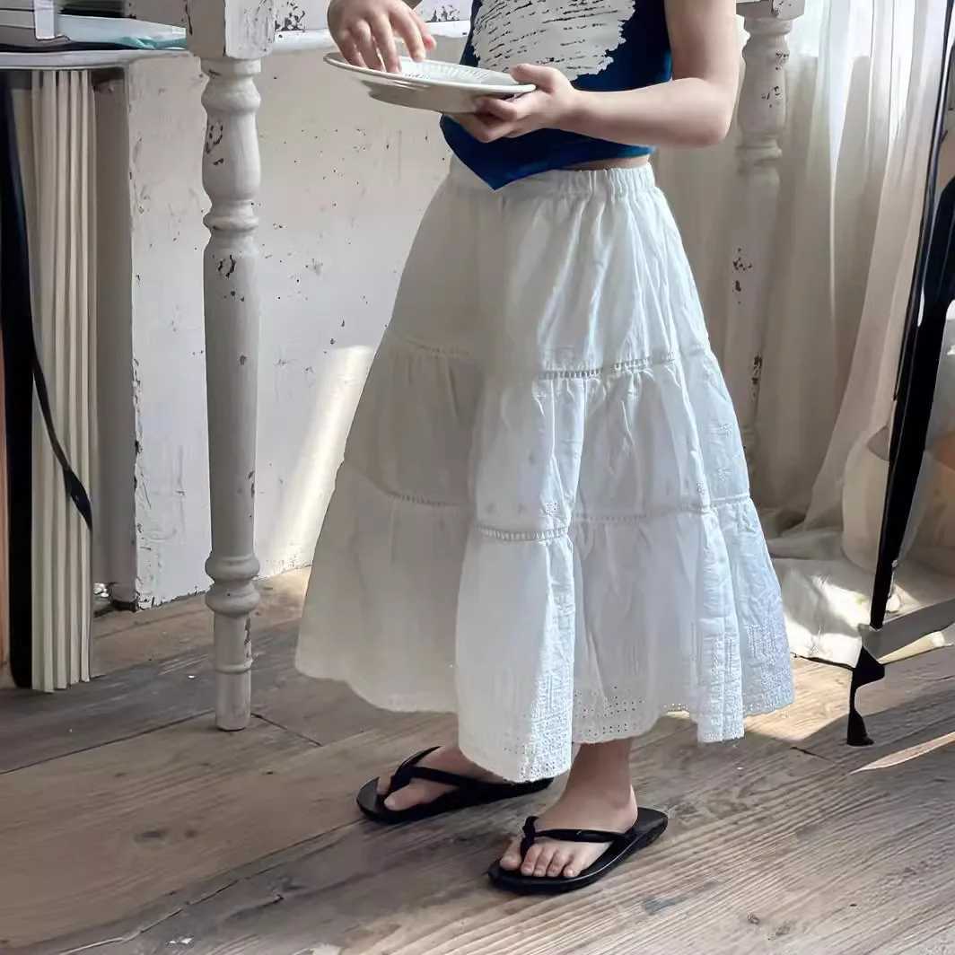 Skirt Princess Girls Lace Embroidered Long French Retro High Waist Childrens Clothing 2024 Fashion Elastic Waist LooseT250325