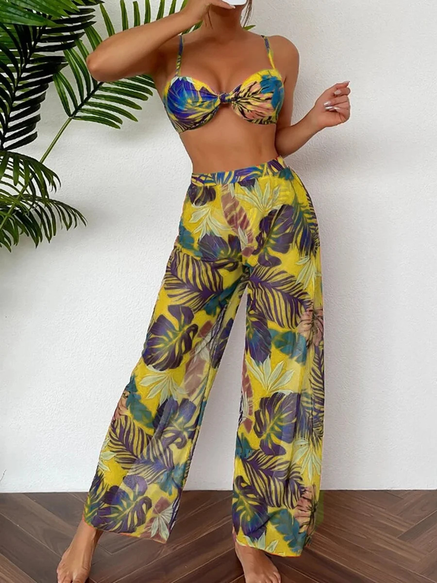 3 Pieces Strappy Bikini 2025 Women Printed Swimsuit Sexy Swimwear Female With Beach Pants Bathers Bathing Swimming Swim Suit 250321