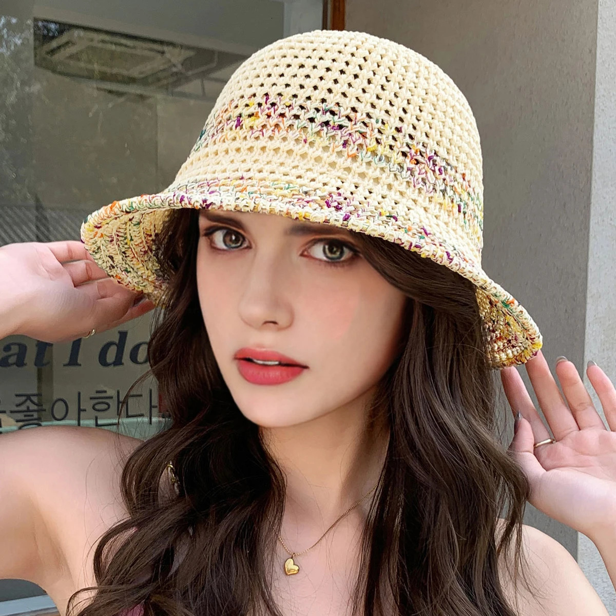 1 Womens Knitted Rainbow Gradient Hollow Hat Outdoor Leisure Fisherman Hat for Daily Use 250320