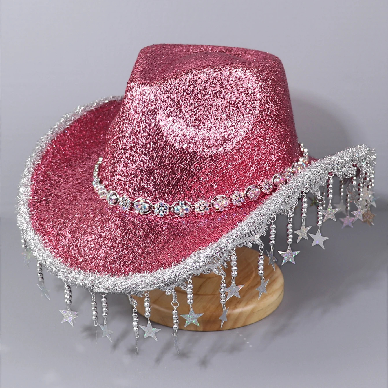 A western cowboy hat for men and women bright silk material with colorful Rhinestone decoration star beaded pendant 250322