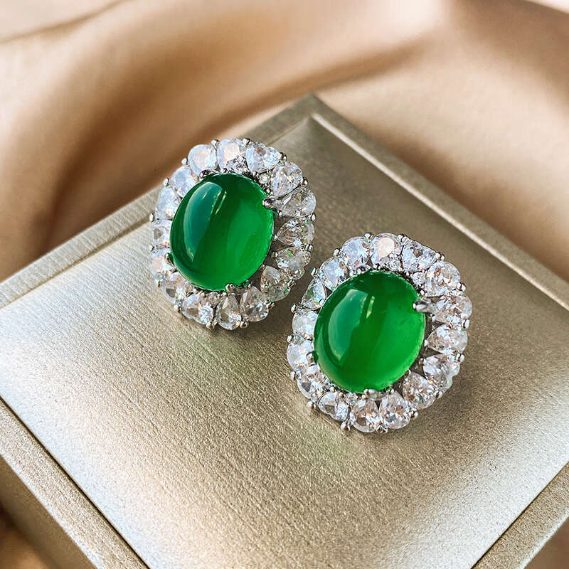 Zhuang Shengsheng Jewelry Copper Bottom Gold Plated Ice Seed Fluorescent Dan shaped Green Jadeite Set Stone 25-13 * 18