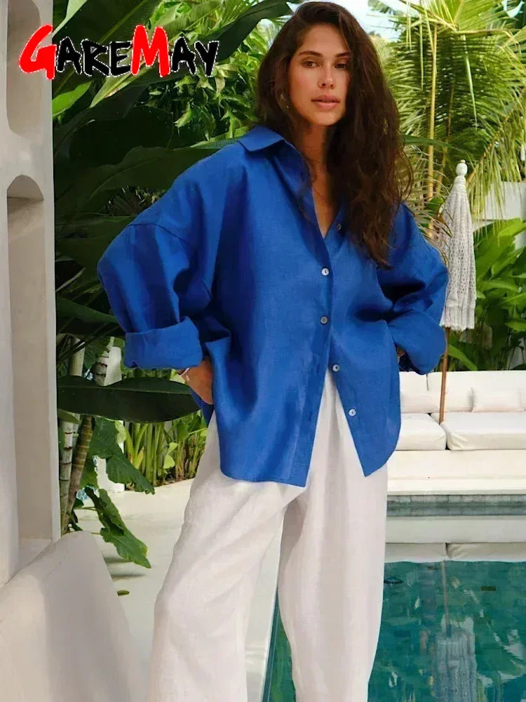 White womens linen long sleeved elegant pink oversized shirt retro spring basic collar cotton linen shirt 250322