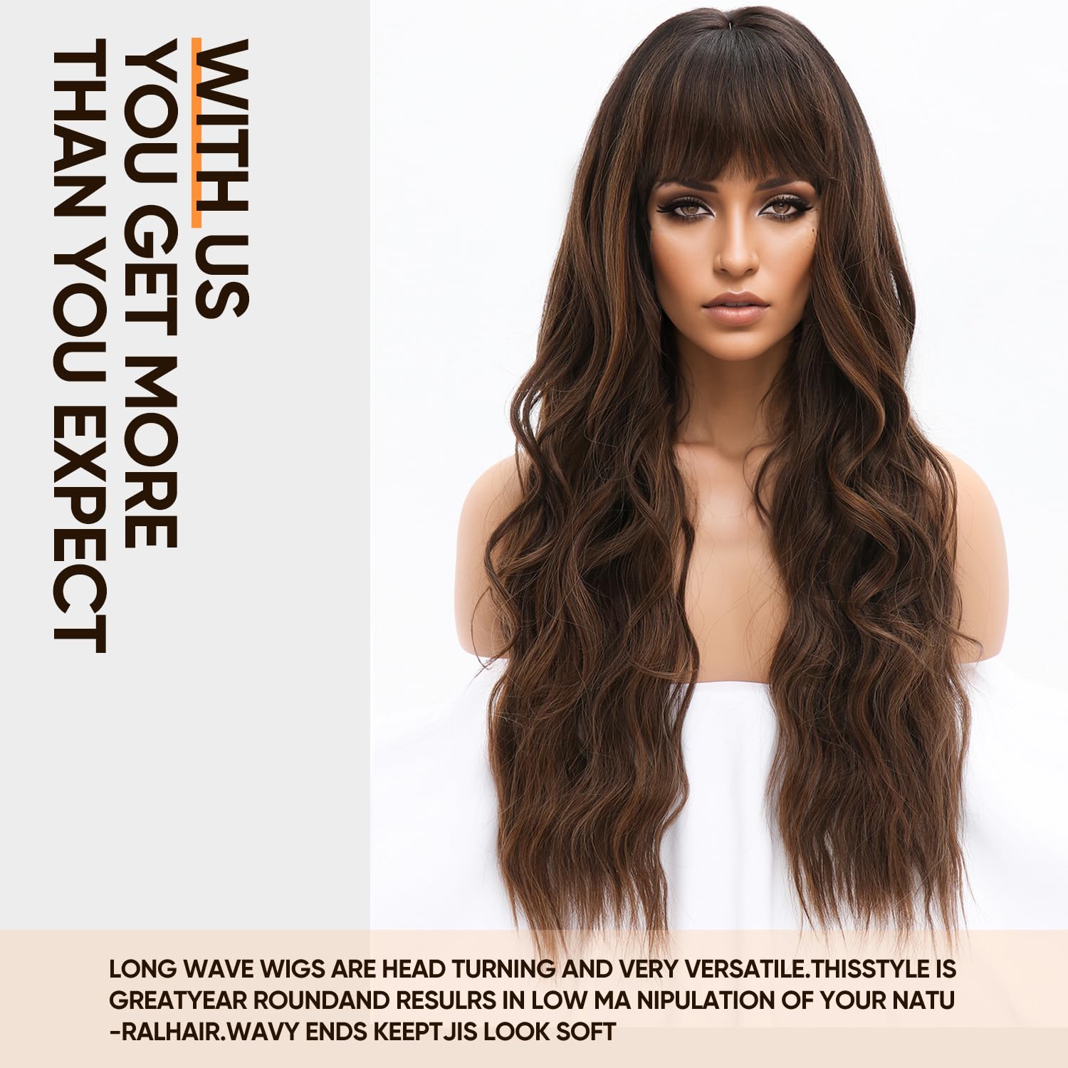 Long Chocolate Brown Wig with Bangs Dark Brown Women Long Wavy Hair Wig Curly Wavy Synthetic Wigs for Girls Daily Party Use(26 inch)