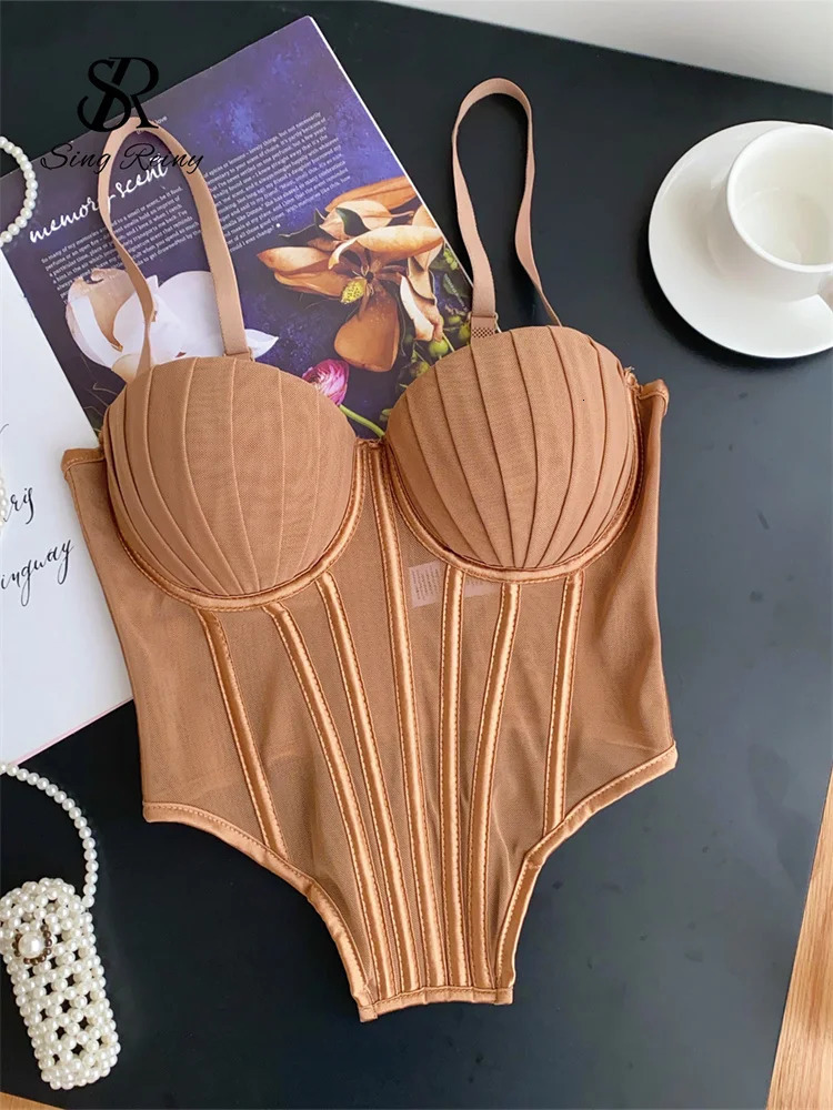 SINGREINY Fashion Solid Corset Lingerie Top Ladies Strap Sheer Mesh Slim Camisole American Retro Backless Beach Sexy Tank Top250324