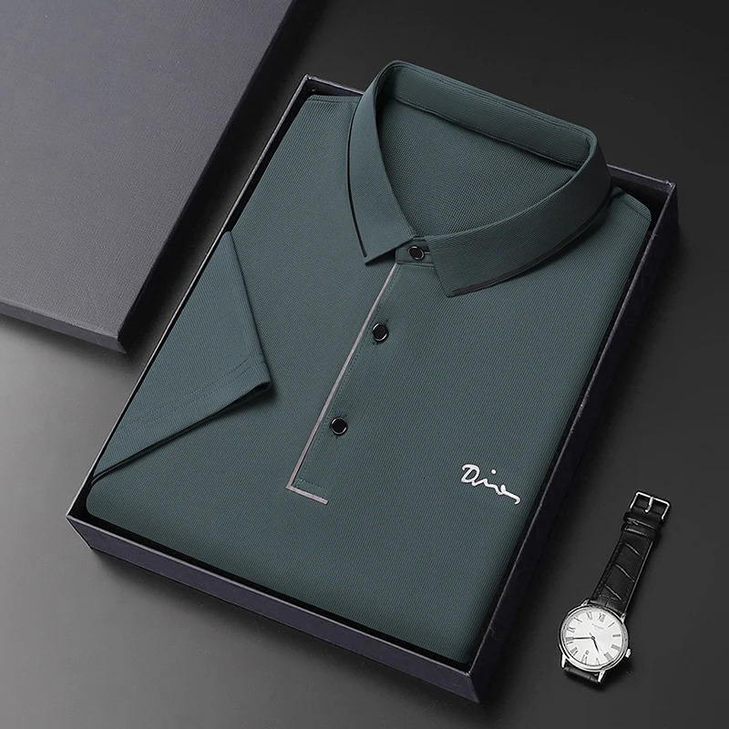 Ice Silk Polo T Shirt Mens Short Sleeved Solid Color POLO Breathable and Comfortable Elastic Tops 250311