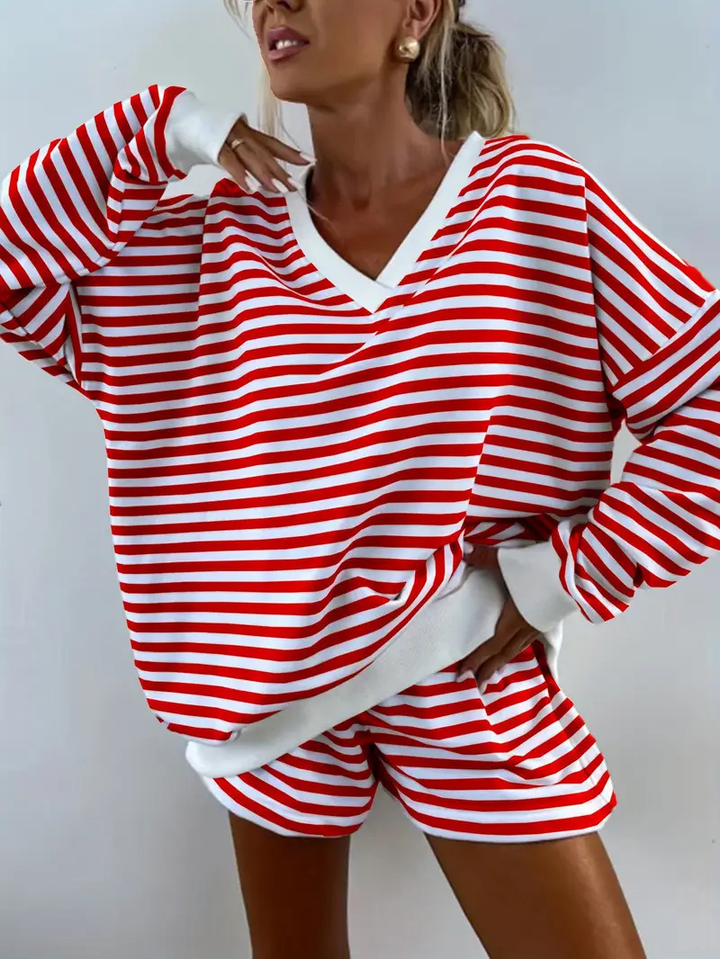 2025 New Women's Casual Stripe Set Long Sleeve V-neck Loose Top Sports Shorts 2-piece Set
