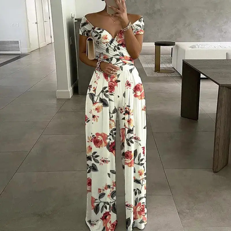 ly printed summer clothing French retro fashion jumpsuit wide leg straight pants Vneck elegant casual OL trendy womens 250324