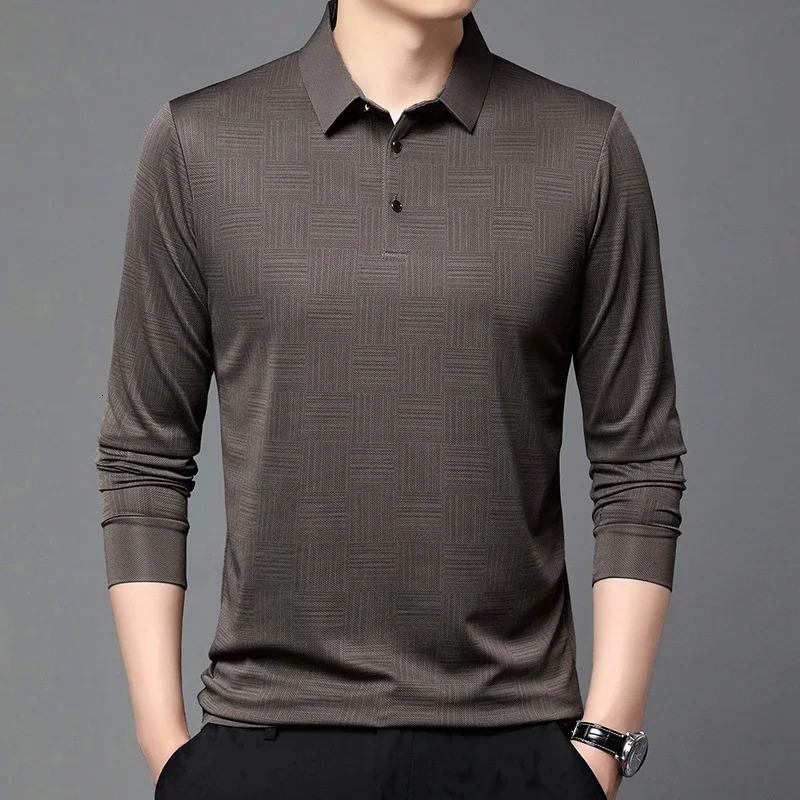 Mens business casual long sleeved solid color polo shirt fashionable breathable and comfortable Versatile top 250411