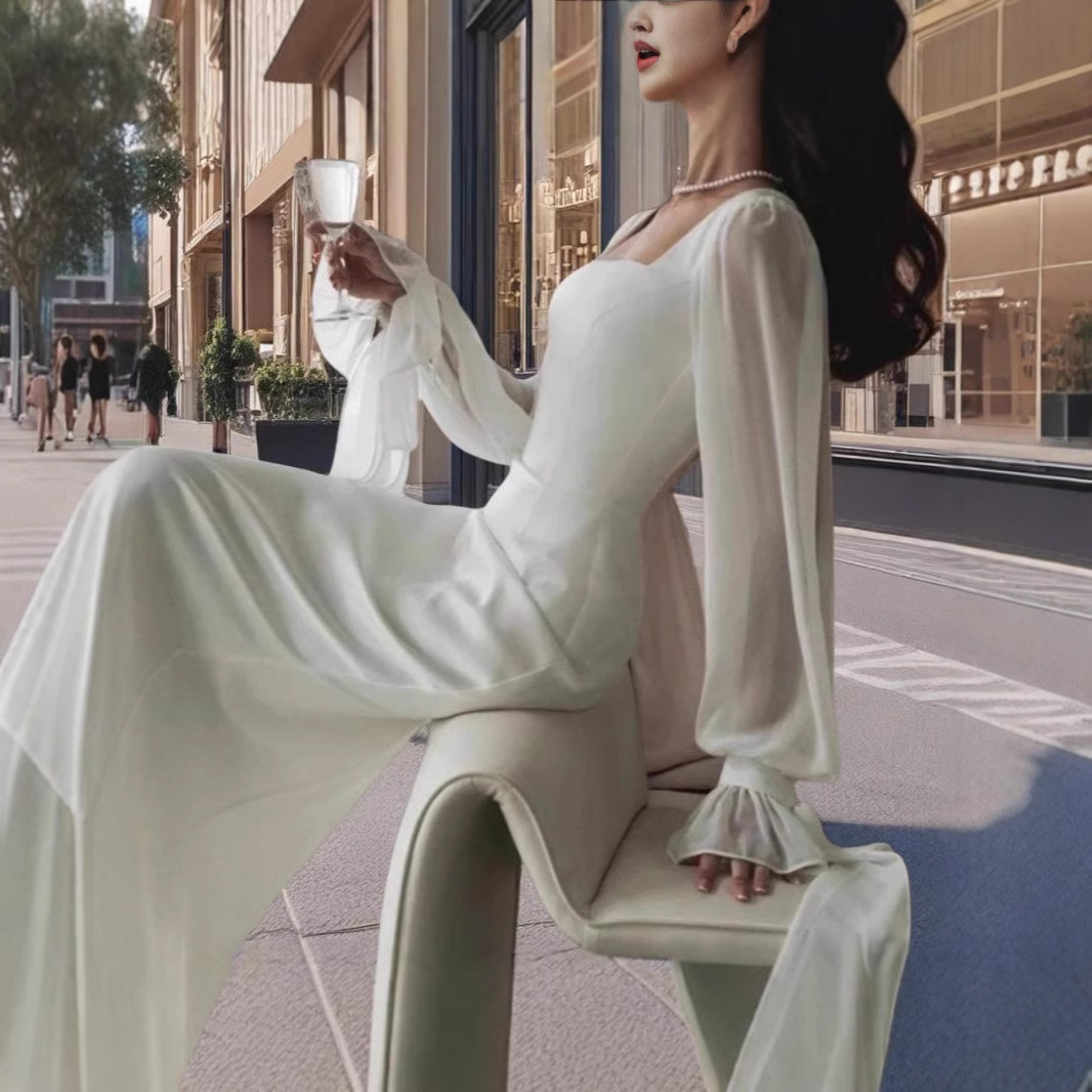 MU5245 A3 high quality new French style square neck splicing mesh slightly transparent trumpet sleeve waist slim color fishtail dress