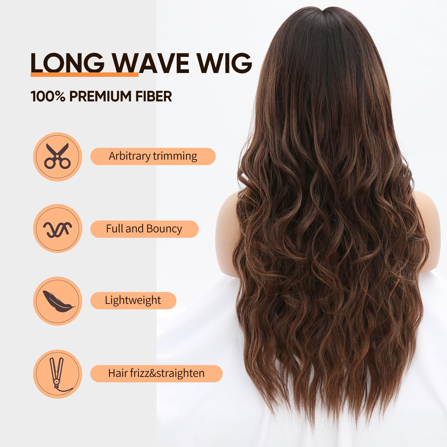Long Chocolate Brown Wig with Bangs Dark Brown Women Long Wavy Hair Wig Curly Wavy Synthetic Wigs for Girls Daily Party Use(26 inch)