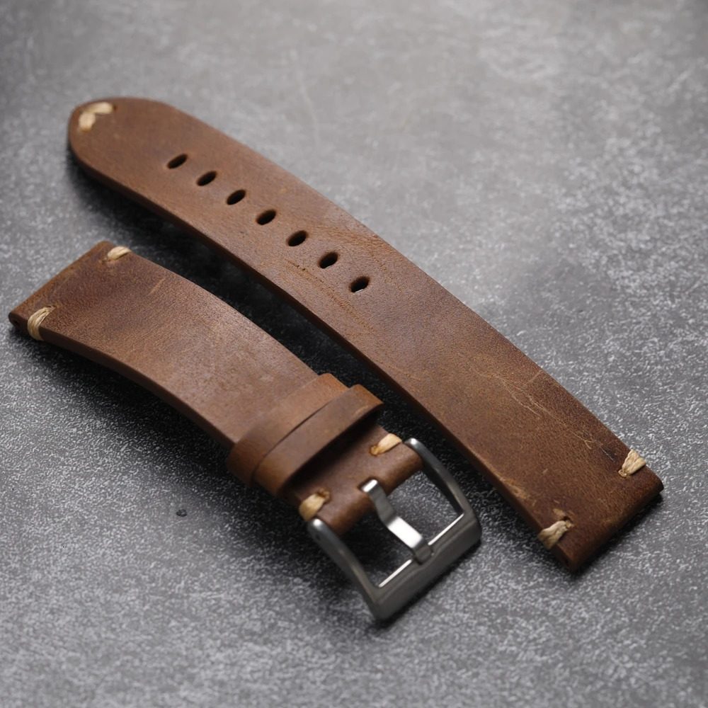 Handmade Head Layer Cowhide Leather Strap 18 19 20 21 22MM Black Brown Maroon Leather Bracelet Retro Style Wear-Resistant Brac 250318