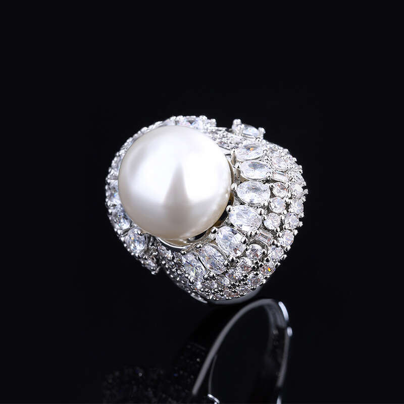 Zhuang Shengsheng Jewelry Copper Plated Platinum New Style Set with Mother oubrey Pearl, Dia, and Charm Women's Ring 14mm