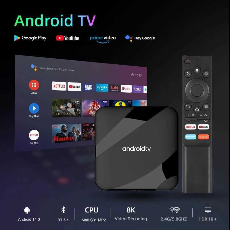 Android 14 Smart TV Box 8K HD ATV 4GB 64GB AV1 S905W2 quad core 2.4G 5G dual WIFI voice remote control media player home set-top box X2503251