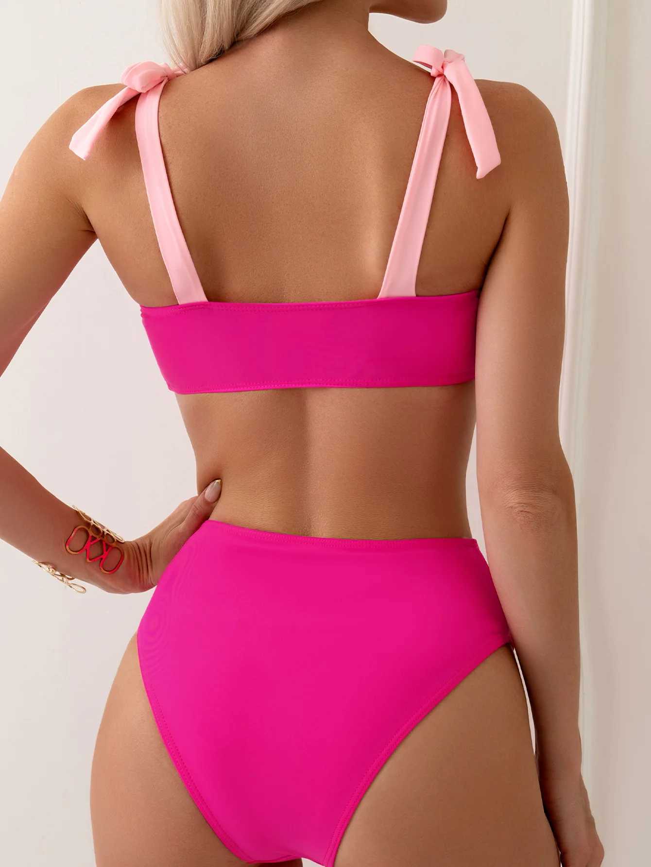 Sexy Tie Shoulder High Waist Bikini Set Two Piece Swimsuit Womens Apron Swimsuit Bandeau Brazil Biquini Beach WearXJ250324