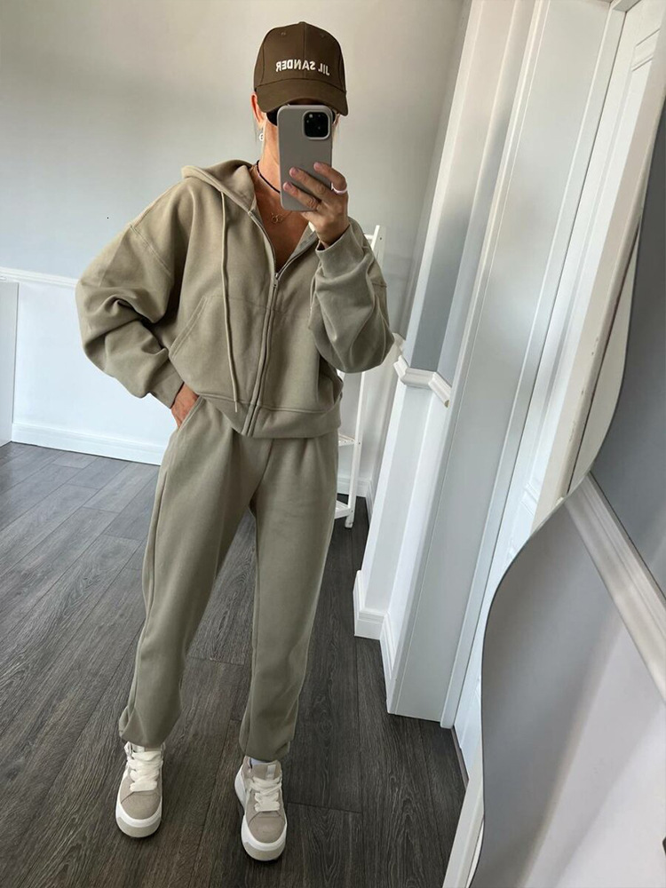 Casual Women's Solid Color Long Sleeve Zipper Hoodie Elastic Strap Pants Two Piece Set