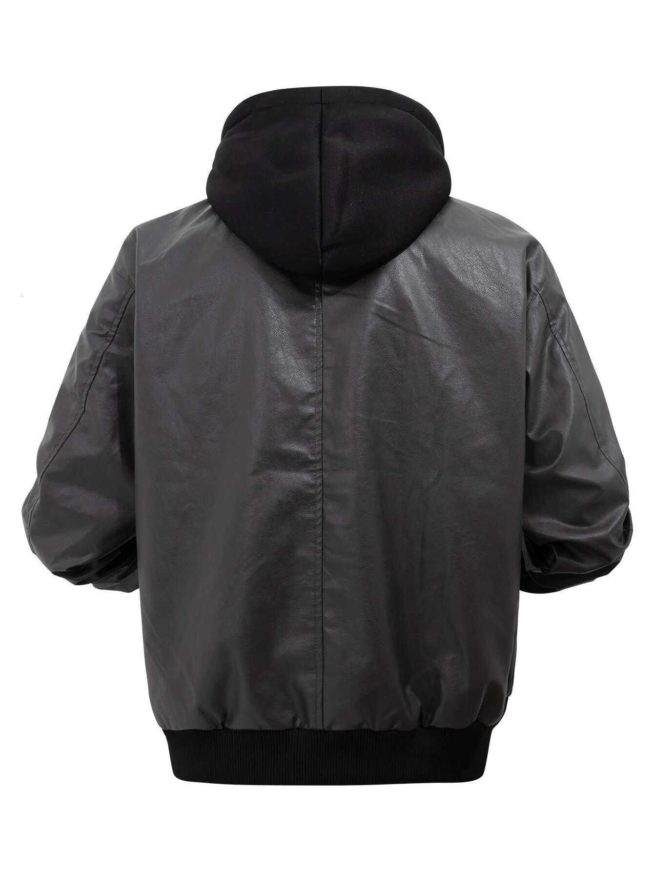 Men's Vintage Jackets Black False Two-Piece Hooded Pu Coats Loose Faux Leather Motorcycle Boomber Jacket For Fall&Winter