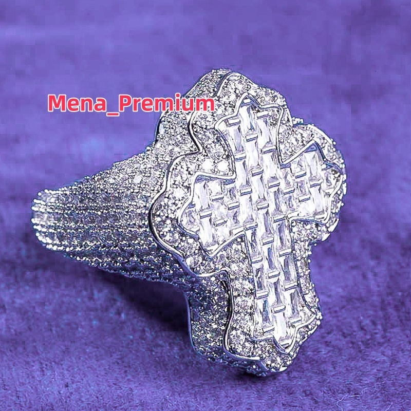 GRA Hip Hop Iced Out Bling 925 Sterling Silver Pass Diamond Tester VVS Moissanite Fleur Baguette Cross Ring for Men