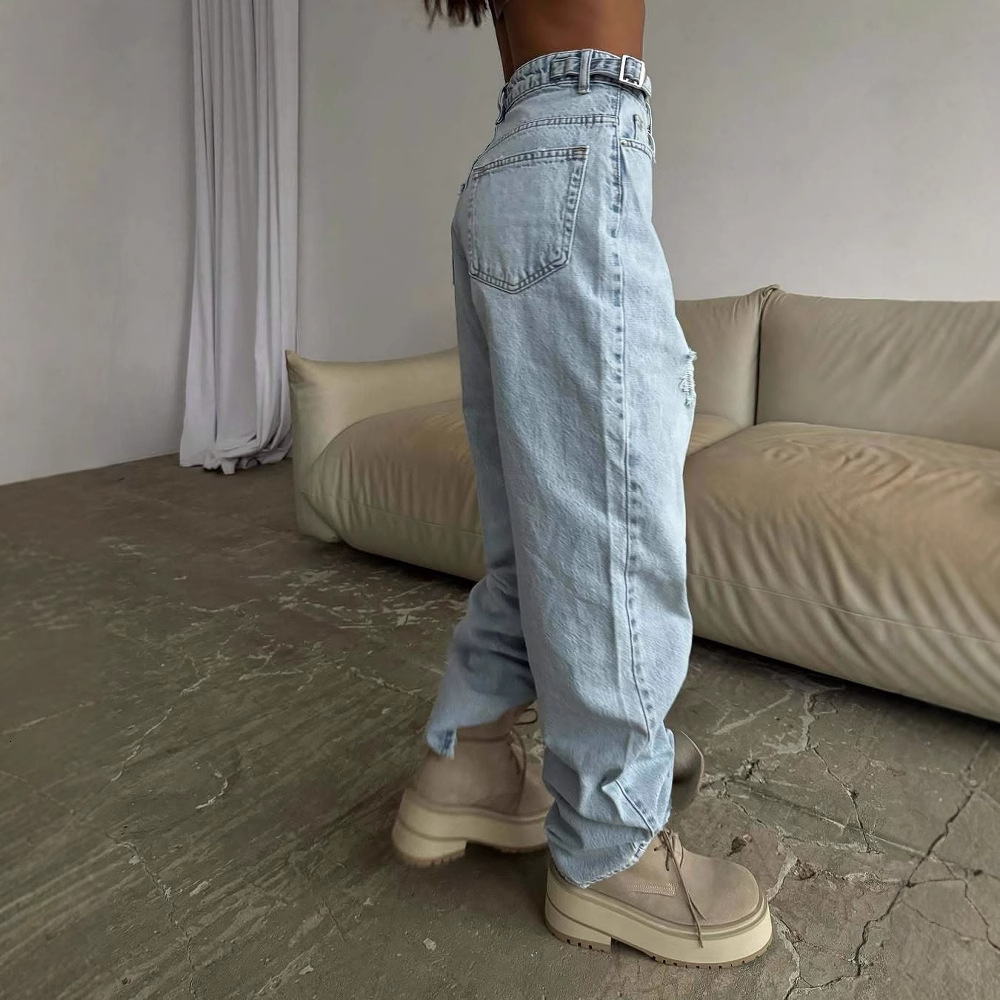 Jeans for women, straight tube, loose and luxurious, summer high waist, slimming, beggar, ripped hole, wide leg pants, trendy