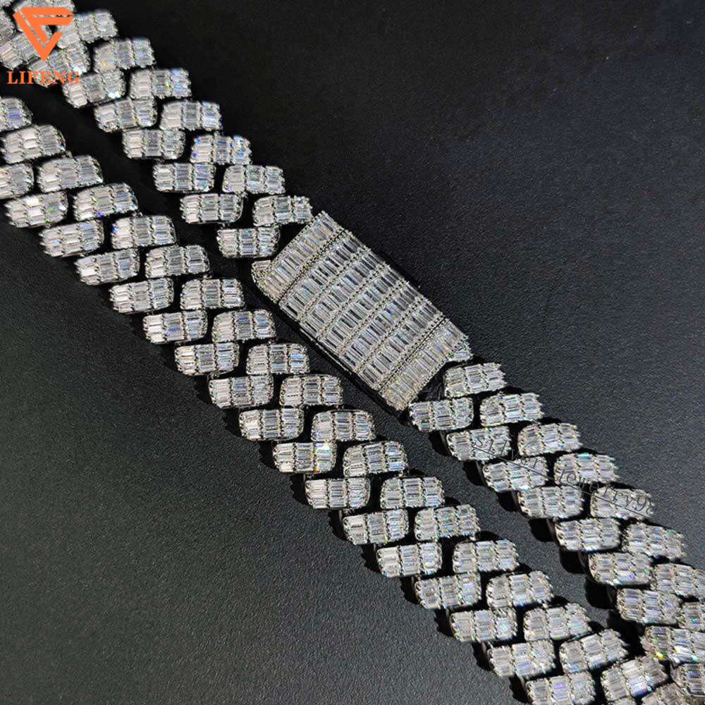 Custom Hiphop Jewelry 3 Row Baguette Diamond 14mm Miami Cuban Link Chain Vvs Moissanite 925 Silver Cuban Chain Necklace for Men