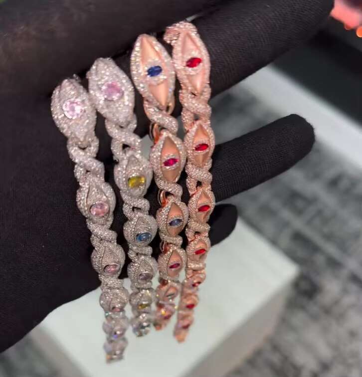 New Style 13mm 15mm Wide Colorful Diamond Chain Hip Hop Jewelry 925 Sterling Silver Evil Eye Moissanite Cuban Link Bracelet Men