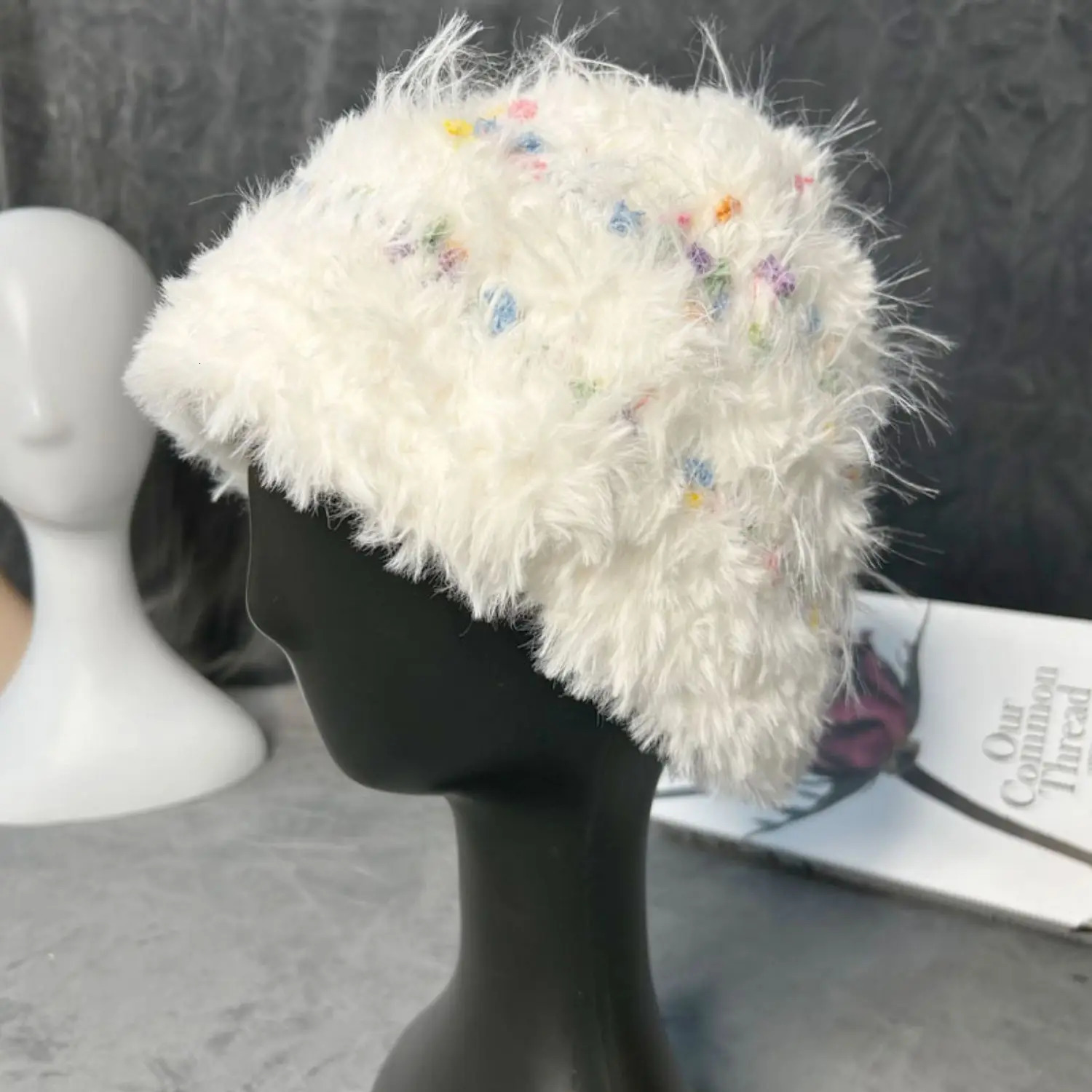 outdoor thickened warm Rainbow Bean Fisherman Hat White Solid Fluffy fishing knit hat for ladies Winter 250320