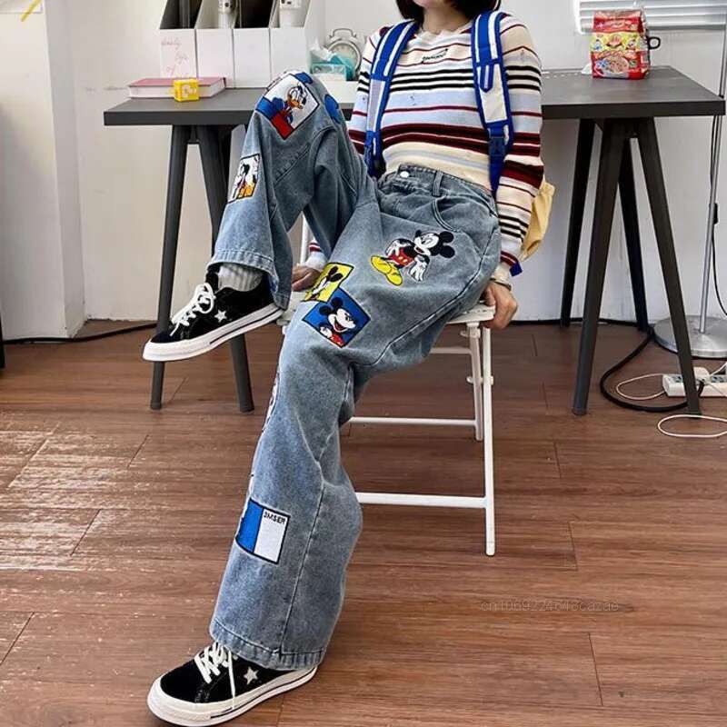 Fun Cartoon Embroidered Jeans Women Spring New Loose Fit Bmerican Style Denim Trend Casual Wide Leg Pants