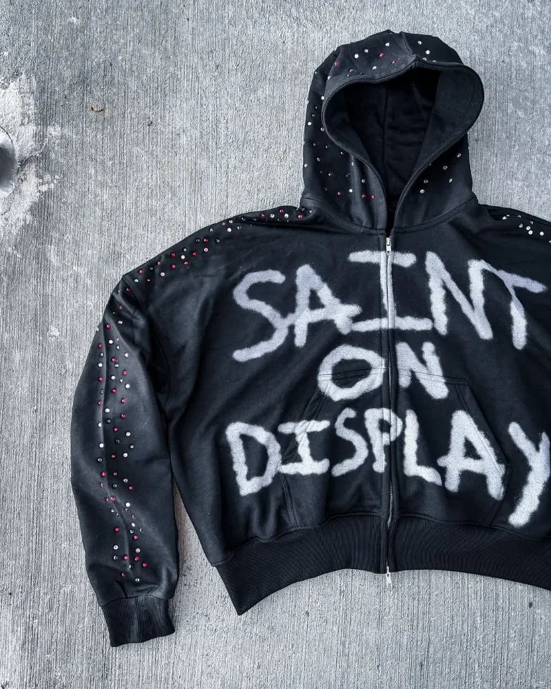 Harajuku Retro Trendy Cartoon Letter Printing Super Large Hoodie Mens Y2k American Street Fashion Zipper Sweatshirt Womens 250318