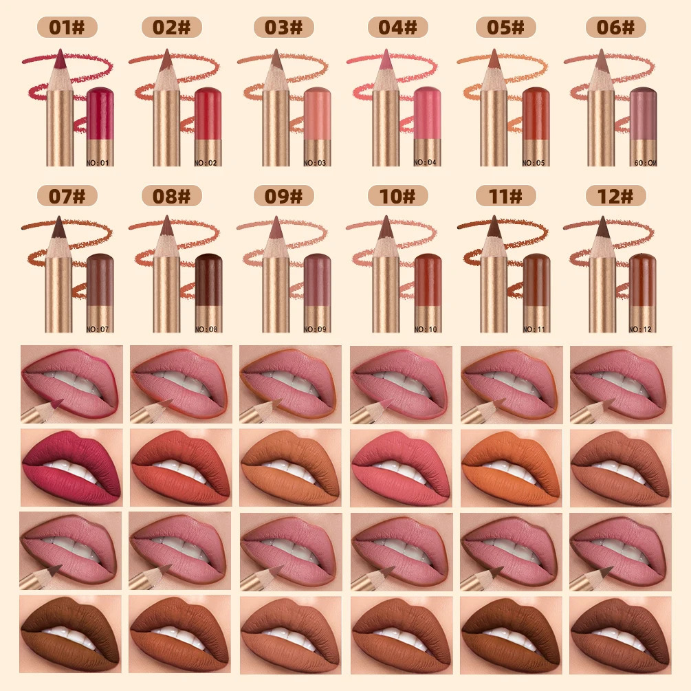 12 Pcs Lip Liner Contour Matte Lipstick Pencil Set Waterproof Velvet Nude Lipstick Pencil Sexy Red Brown Pigments Non-stick Cup 250324
