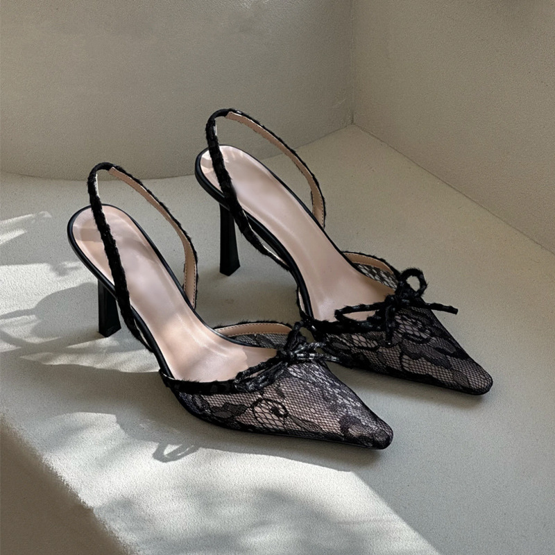 Sandals Factory Direct Supply Cross-border Wind Thin Heel Lace High Simple Solid Color Pointed