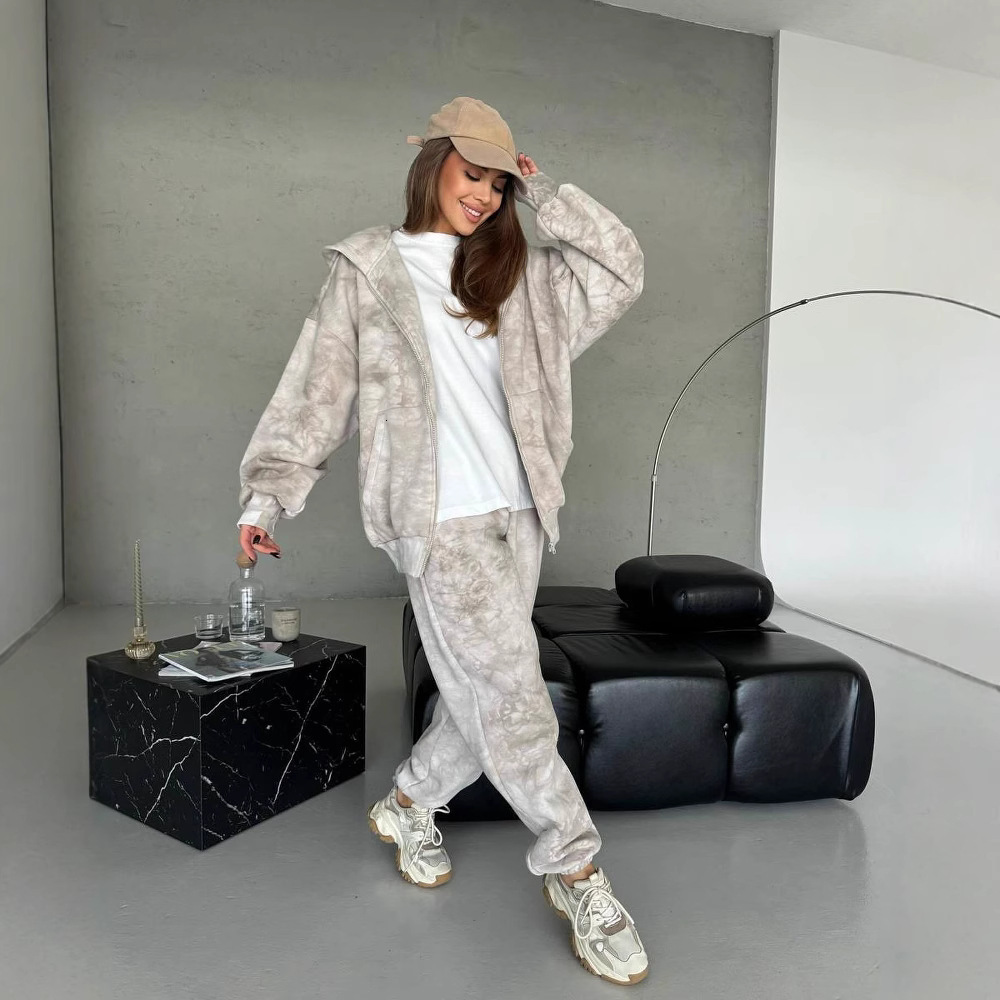 Early autumn lazy style suit tie dye long sleeved zipper hooded sweatshirt, high waist straight leg casual sweatpants, women's high-end feel