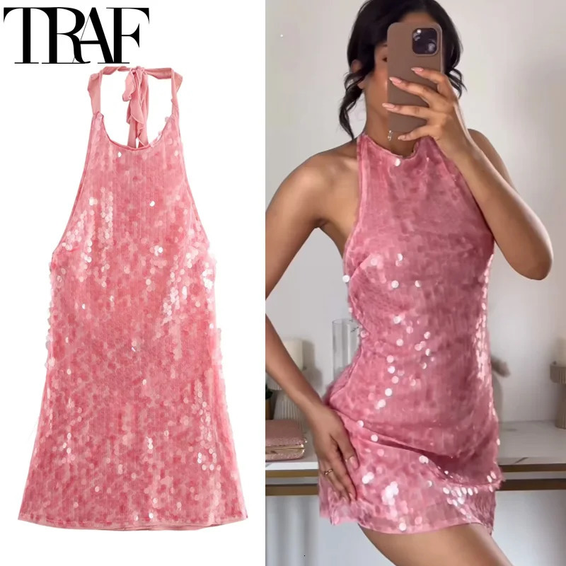 TRAF Womens Dresses Halter Sequin Mini Dress Woman Off Shoulder Pink Short For Women Backless Sexy Prom Party 250322