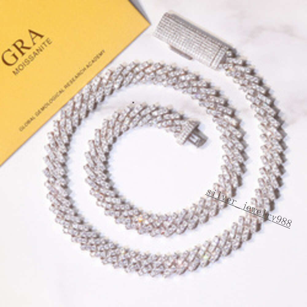 Hip Hop Jewelry 10mm Wide Single Row Vvs Moissanite Diamond Iced Out Silver Cuban Link Chain Necklace