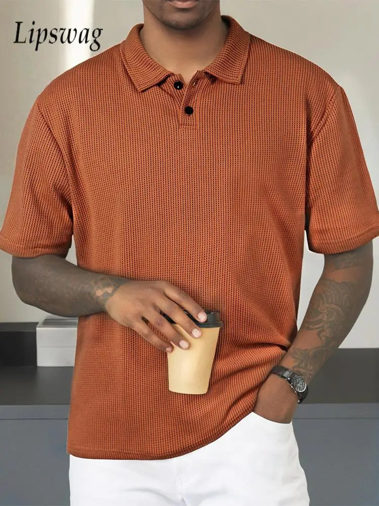 Casual Short Sleeve Ribbed T Shirts Mens Fashion Polo Collar Buttoned Textured Shirt For Men 2025 Summer Solid Tops 250311