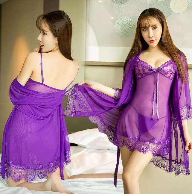 Hot & Sexy Iconic Sex Women's 2-Piece Underwear Nightdress Solid Night Robe Lace Gerie