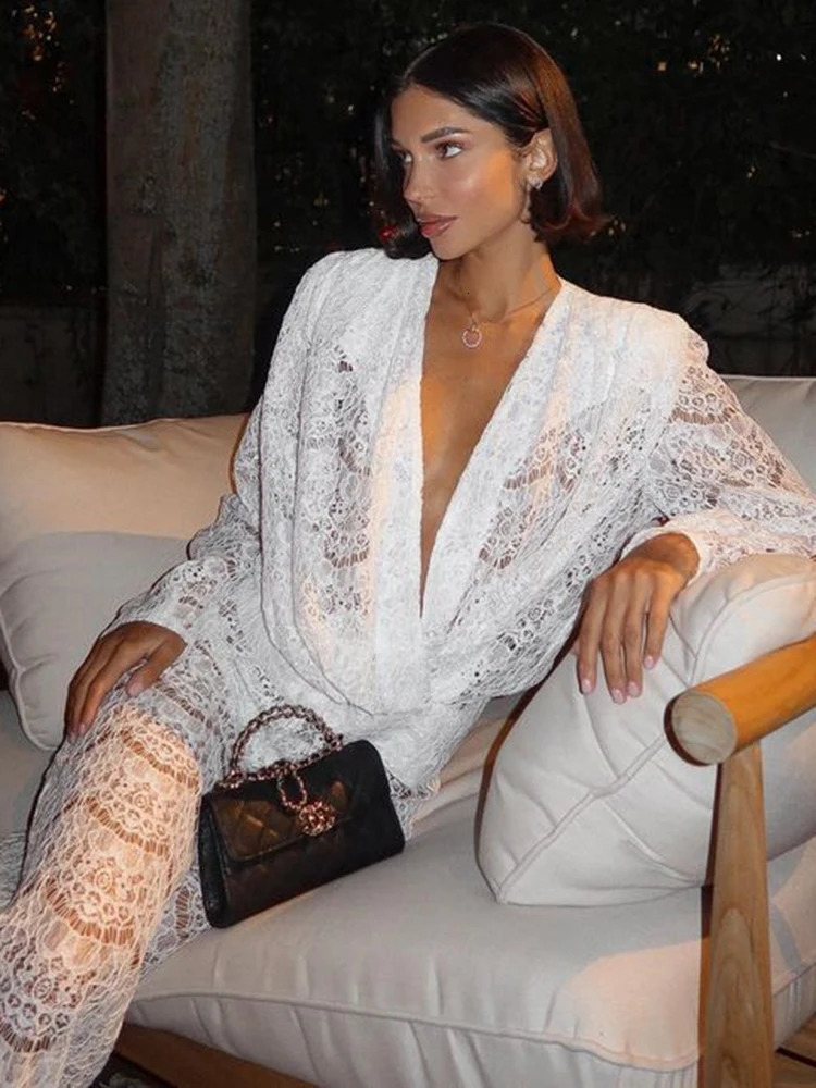 Mozision White Lace Two Piece Sets Women Deep V Neck Long Sleeve Tops And Long Pants Ladies See Through Loose Trousers Sets 250325