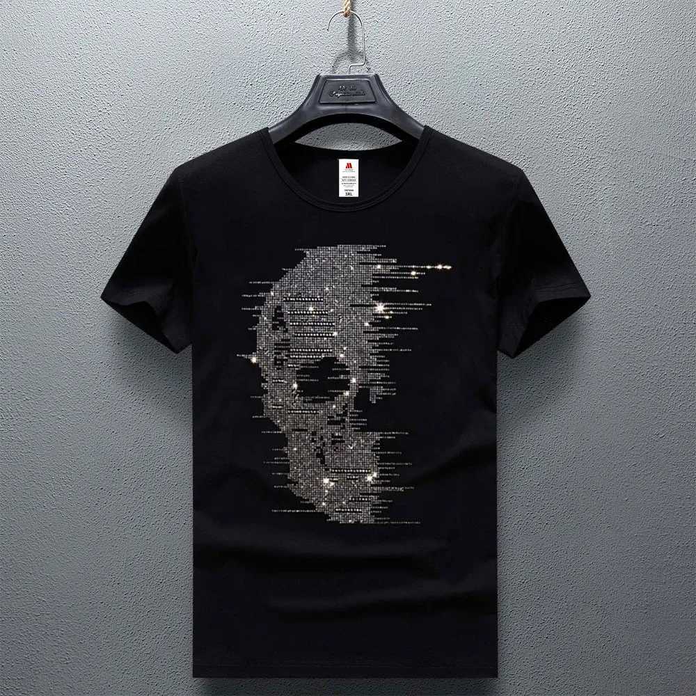 British style mens summer skull T-shirt shiny T-shirt mens fashion street clothing Rhinestone print mens T-shirt Camisetas Hombre W250324